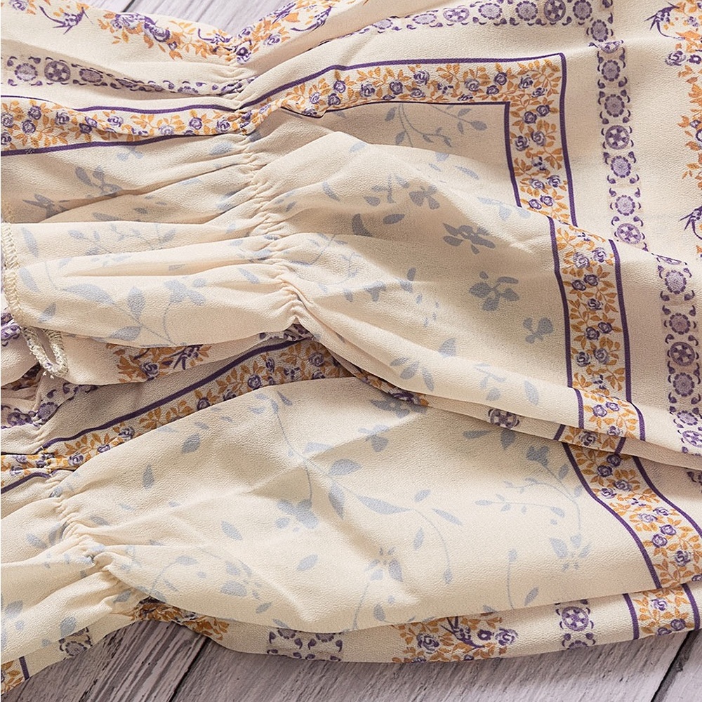 Beige V Neck Lantern Sleeve Drawstring Tribal
Print Top Bohemian Blouse - Picture 9 of 15